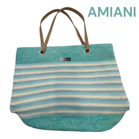 Amiani Womens Striped Double Handle Beach Tote Handbag teal White Size Large - Picture 1 of 10
